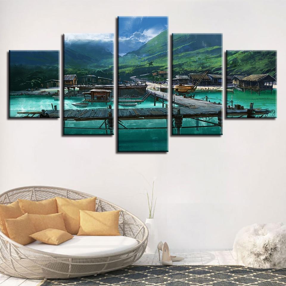 Wooden Bridge Retro House And Mountains - Nature 5 Panel Canvas Art Wall Decor Wooden Bridge Retro House And Mountains - Nature 5 Panel Canvas Art Wall Decor