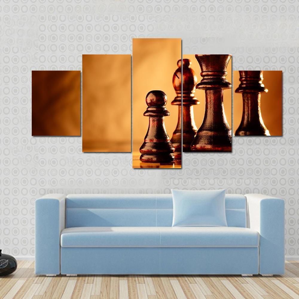 Wooden Chess Pieces - Gaming 5 Panel Canvas Art Wall Decor Wooden Chess Pieces - Gaming 5 Panel Canvas Art Wall Decor