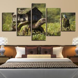 Wooden House And Animal Tortoise Bird - Nature 5 Panel Canvas Art Wall Decor