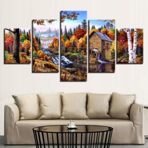 Wooden House Forest River - Nature 5 Panel Canvas Art Wall Decor