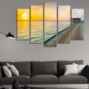 Wooden Pier In The Sea At Sunset - Space 5 Panel Canvas Art Wall Decor