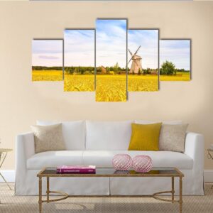Wooden Windmill With Field In Minsk Region - Nature 5 Panel Canvas Art Wall Decor