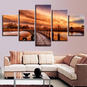 Woods Bridge Lake Sunset 1 - Nature 5 Panel Canvas Art Wall Decor