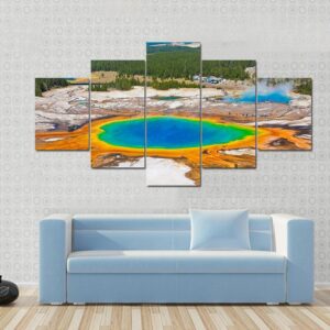 World Famous Grand Prismatic Spring In Yellowstone National Park - Nature 5 Panel Canvas Art Wall Decor