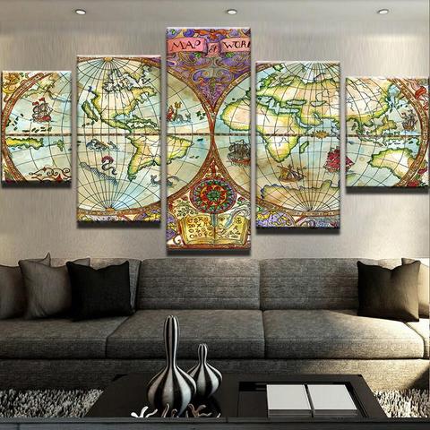 World Map 10 - Abstract 5 Panel Canvas Art Wall Decor World Map 10 - Abstract 5 Panel Canvas Art Wall Decor
