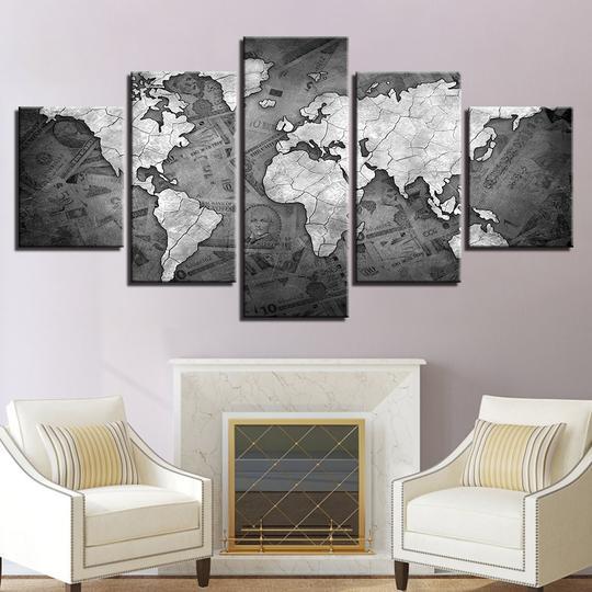 World Map And Currency - Abstract 5 Panel Canvas Art Wall Decor World Map And Currency - Abstract 5 Panel Canvas Art Wall Decor