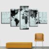 World Map Black White - Abstract 5 Panel Canvas Art Wall Decor
