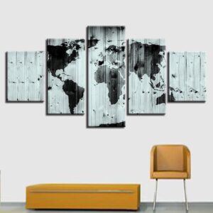 World Map Black White - Abstract 5 Panel Canvas Art Wall Decor