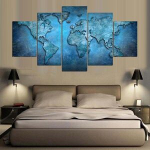 World Map Blue 2 - Abstract 5 Panel Canvas Art Wall Decor