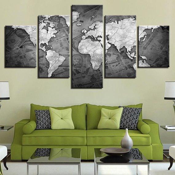 World Map Currency Money - Abstract 5 Panel Canvas Art Wall Decor World Map Currency Money - Abstract 5 Panel Canvas Art Wall Decor