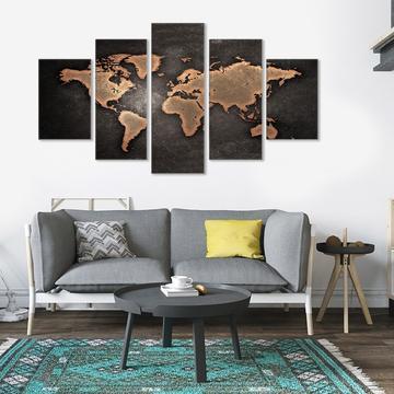 World Map Golden - Abstract 5 Panel Canvas Art Wall Decor World Map Golden - Abstract 5 Panel Canvas Art Wall Decor