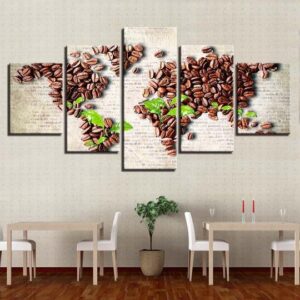 World Map In Coffee Beans And Leaves - Nature 5 Panel Canvas Art Wall Decor