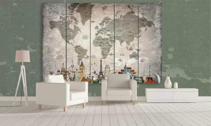 World Map Light Overlay 02 - World Map 5 Panel Canvas Art Wall Decor World Map Light Overlay 02 - World Map 5 Panel Canvas Art Wall Decor