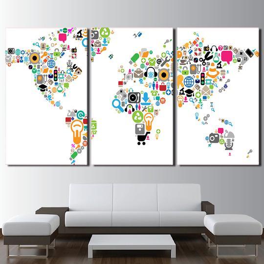 World Map Of Icons - Abstract 5 Panel Canvas Art Wall Decor World Map Of Icons - Abstract 5 Panel Canvas Art Wall Decor