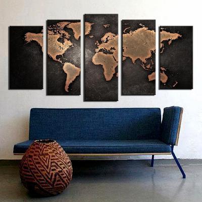 World Map Painting Nature Landscape - 5 Panel Canvas Art Wall Decor World Map Painting Nature Landscape - 5 Panel Canvas Art Wall Decor