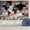 World Map Usa Flag Overlay - World Map 5 Panel Canvas Art Wall Decor