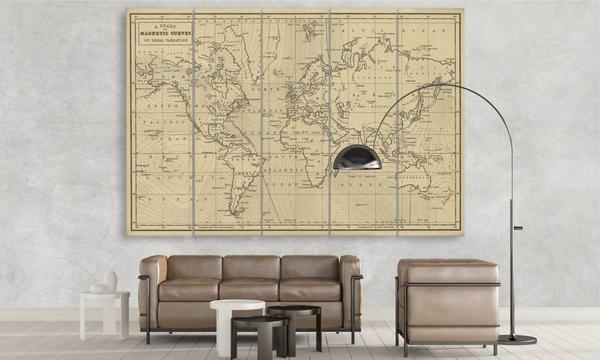 World Map With Magnetic Curves - World Map 5 Panel Canvas Art Wall Decor World Map With Magnetic Curves - World Map 5 Panel Canvas Art Wall Decor