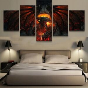 World Of Warcraft Deathwing Dragon Wings Tail Fire Game - Gaming 5 Panel Canvas Art Wall Decor