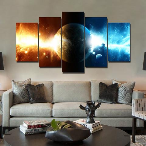 Yellow And Blue Galaxy - Space 5 Panel Canvas Art Wall Decor Yellow And Blue Galaxy - Space 5 Panel Canvas Art Wall Decor