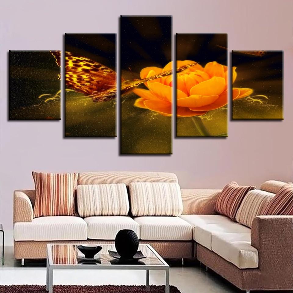 Yellow Flowers And Butterflies - Nature 5 Panel Canvas Art Wall Decor Yellow Flowers And Butterflies - Nature 5 Panel Canvas Art Wall Decor