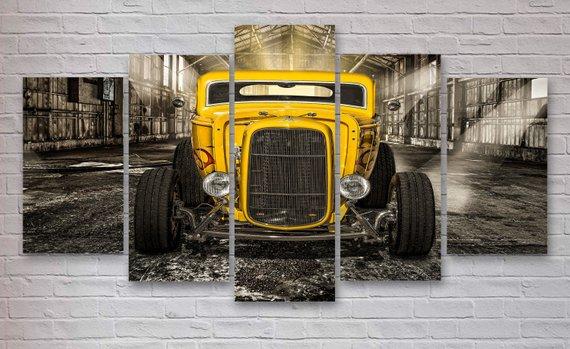 Yellow Hotrod Classic Car 01 - Automative 5 Panel Canvas Art Wall Decor Yellow Hotrod Classic Car 01 - Automative 5 Panel Canvas Art Wall Decor