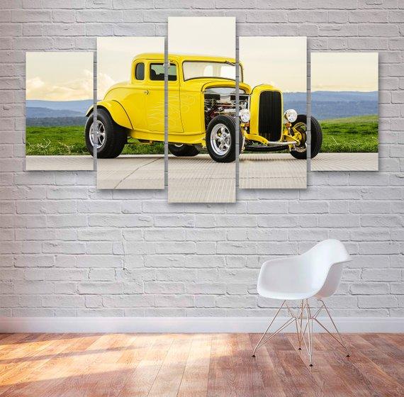 Yellow Hotrod Classic Car - Automative 5 Panel Canvas Art Wall Decor Yellow Hotrod Classic Car - Automative 5 Panel Canvas Art Wall Decor