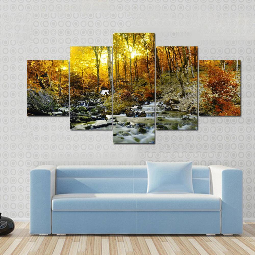 Yellow Trees Foliage And Rocks In Forest - Nature 5 Panel Canvas Art Wall Decor Yellow Trees Foliage And Rocks In Forest - Nature 5 Panel Canvas Art Wall Decor