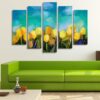 Yellow Tulip Flowers Field - Nature 5 Panel Canvas Art Wall Decor