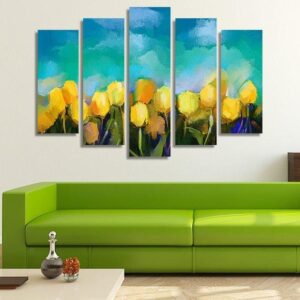 Yellow Tulip Flowers Field - Nature 5 Panel Canvas Art Wall Decor