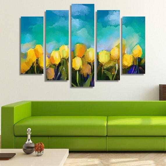 Yellow Tulip Flowers Field - Nature 5 Panel Canvas Art Wall Decor Yellow Tulip Flowers Field - Nature 5 Panel Canvas Art Wall Decor