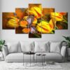 Yellow Tulips And Butterfly - Nature 5 Panel Canvas Art Wall Decor