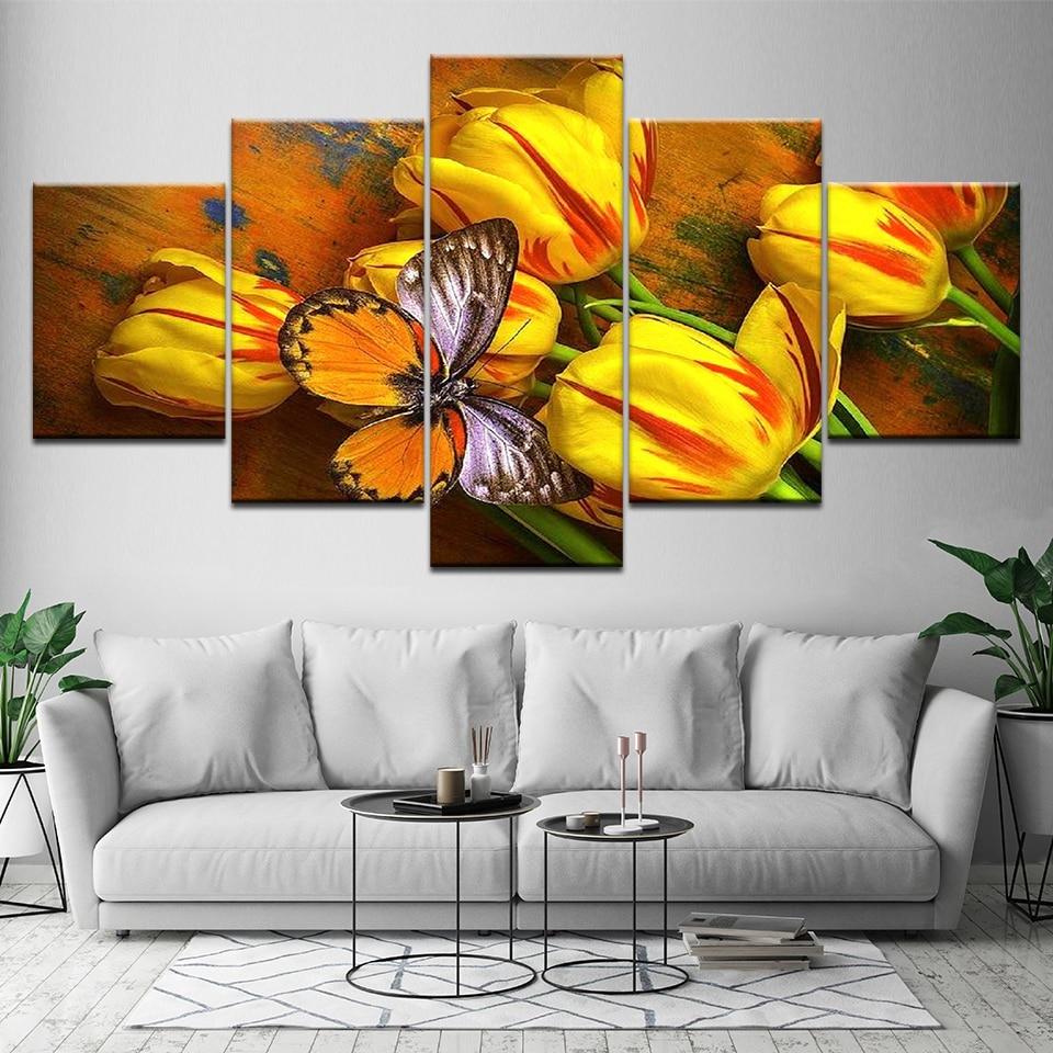 Yellow Tulips And Butterfly - Nature 5 Panel Canvas Art Wall Decor Yellow Tulips And Butterfly - Nature 5 Panel Canvas Art Wall Decor