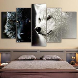 Ying & Yang Wolves - Animal 5 Panel Canvas Art Wall Decor