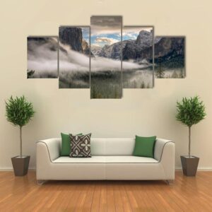 Yosemite Valley In Fog - Nature 5 Panel Canvas Art Wall Decor