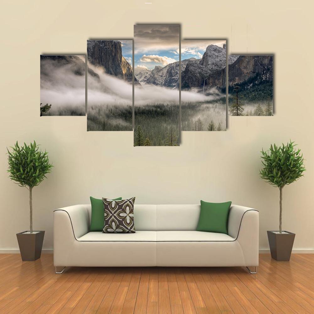 Yosemite Valley In Fog - Nature 5 Panel Canvas Art Wall Decor Yosemite Valley In Fog - Nature 5 Panel Canvas Art Wall Decor