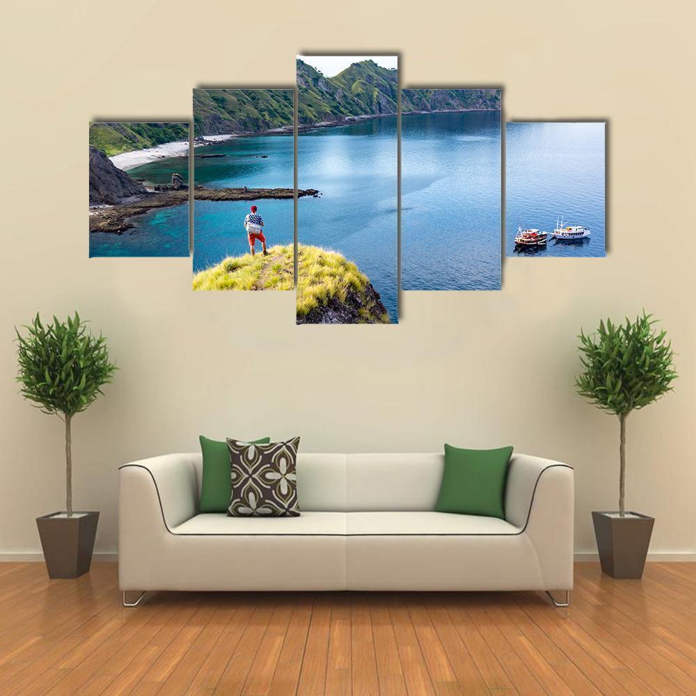 Young Hiker Standing Alone On Cliff Mountain - Nature 5 Panel Canvas Art Wall Decor Young Hiker Standing Alone On Cliff Mountain - Nature 5 Panel Canvas Art Wall Decor