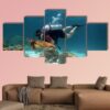 Young Man Scuba Diver Near A Turtle - Fishing 5 Panel Canvas Art Wall Decor