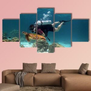 Young Man Scuba Diver Near A Turtle - Fishing 5 Panel Canvas Art Wall Decor