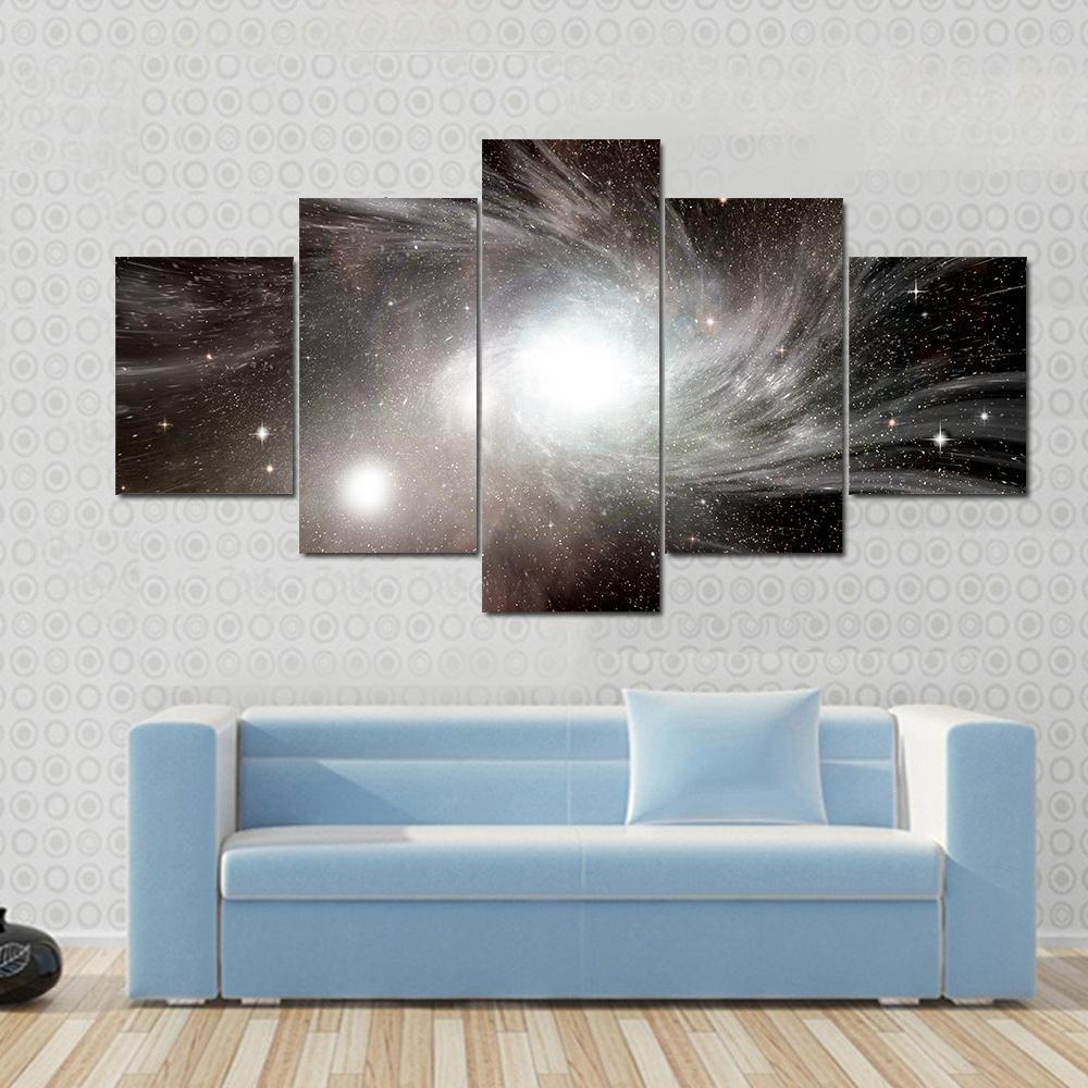 Young Spiral Galaxy With Small Dwarf Galaxy - Space 5 Panel Canvas Art Wall Decor Young Spiral Galaxy With Small Dwarf Galaxy - Space 5 Panel Canvas Art Wall Decor