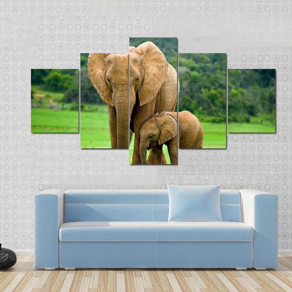 Young With Adult Elephant - Animal 5 Panel Canvas Art Wall Decor Young With Adult Elephant - Animal 5 Panel Canvas Art Wall Decor