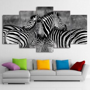Zebra Couple Hug - Animal 5 Panel Canvas Art Wall Decor