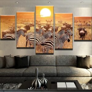 Zebra Sunset - Animal 5 Panel Canvas Art Wall Decor