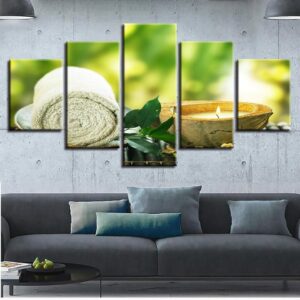 Zen Candles Green Leaf Towel - Nature 5 Panel Canvas Art Wall Decor