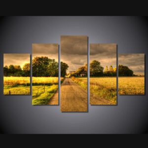 autumn field road landscape 01 - Nature 5 Panel Canvas Art Wall Decor