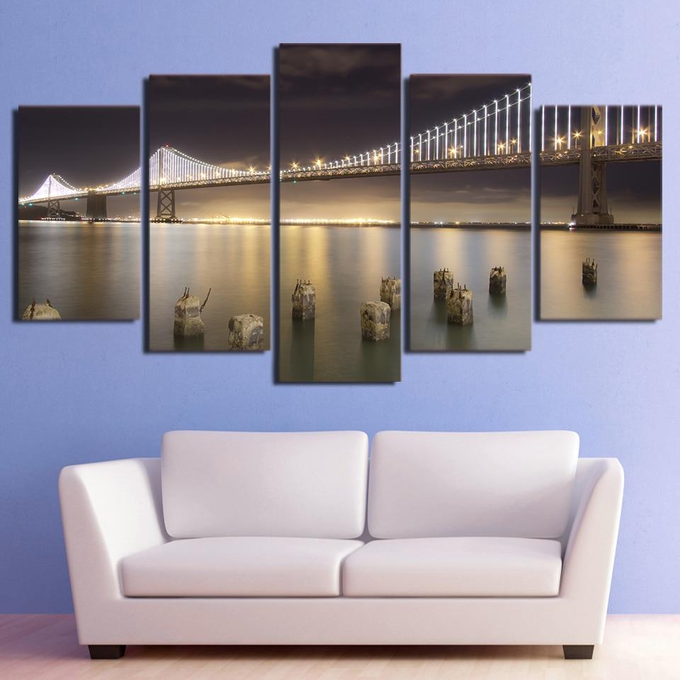 bay bridge by night san francisco - Nature 5 Panel Canvas Art Wall Decor bay bridge by night san francisco - Nature 5 Panel Canvas Art Wall Decor
