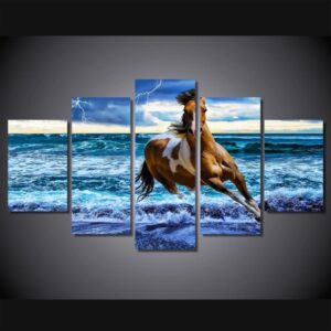 beach horse 1 - Animal 5 Panel Canvas Art Wall Decor