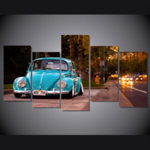 blue Classic vintage Beetle car - Automative 5 Panel Canvas Art Wall Decor