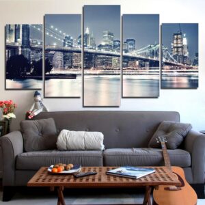 brooklyn bridge at night 01 - Nature 5 Panel Canvas Art Wall Decor