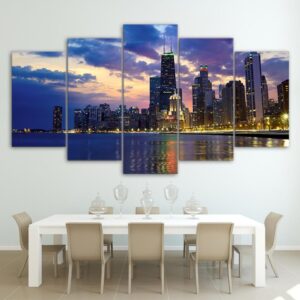 busy city chicago evening - Nature 5 Panel Canvas Art Wall Decor