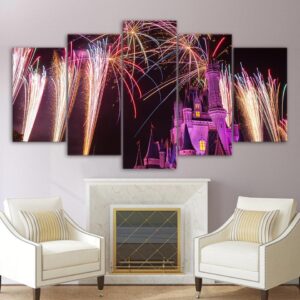 castle with fireworks - Nature 5 Panel Canvas Art Wall Decor